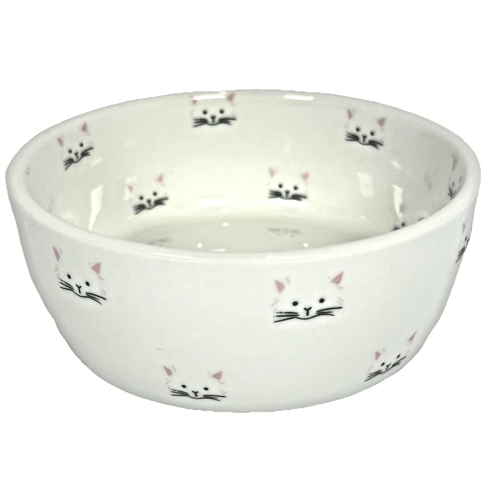 Cat Food Bowl Meow Ceramic Kitty Dish White Pink Pet Feeding Dish Cute